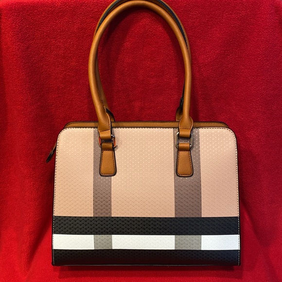 NWOT Designer Inspired Brown Black & White Check Satchel with Removable Strap - Picture 7 of 12